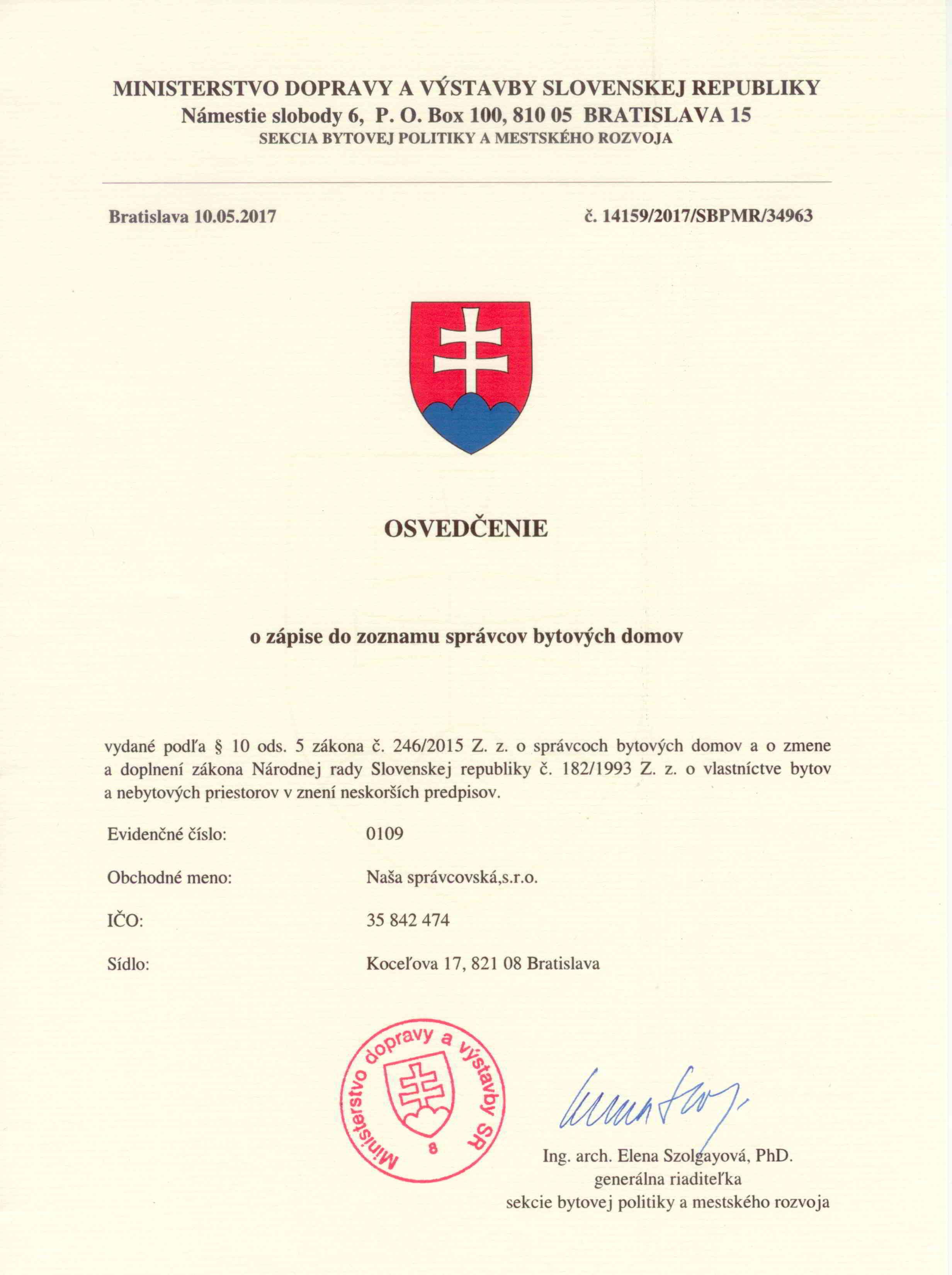 Osvedčenie o zápise do zoznamu správcov